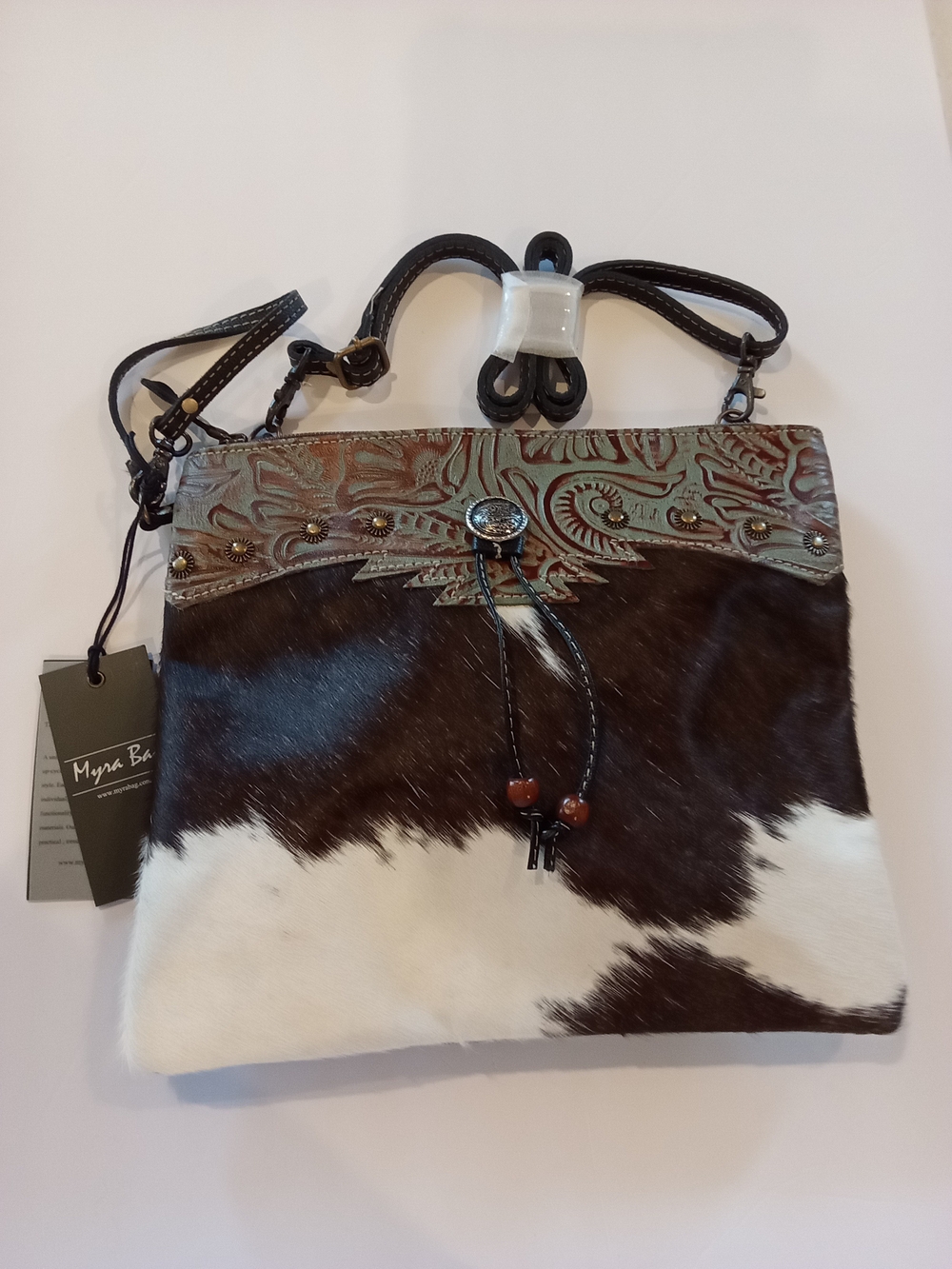 Myra Bag Brown and White Cowhide Crossbody with Tooled Leather Trim NWT